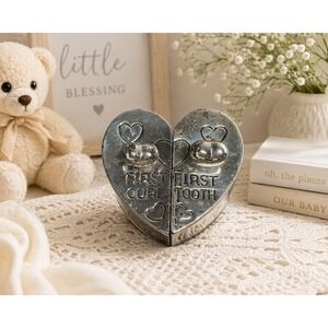 Vintage Baby Keepsake Box First Tooth‎ Curl Silver Plated Heart Trinket Set